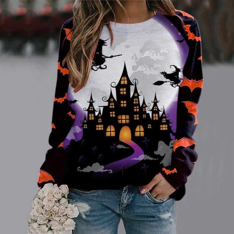 Sweat-shirt imprimé dessin animé d'Halloween, pull à manches longues pour femmes