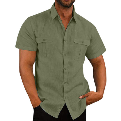 Men's Button Short Sleeve Shirt Summer Casual Double Pocket Wide Collar Beach Shirt Summer