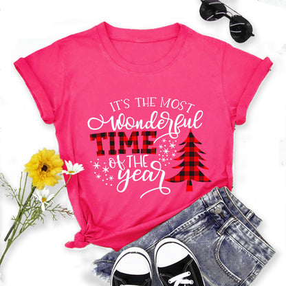 Christmas Print Round Neck Short Sleeve Women's T-shirt