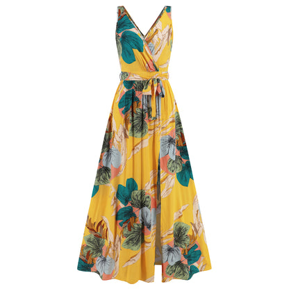 Robe longue à imprimé Floral, col en v, mode d'été, fente à la taille, sans manches, vêtements pour femmes