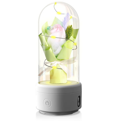 Bouquet créatif 2 en 1 avec lumière LED et haut-parleur Bluetooth, cadeau de fête des mères, veilleuse lumineuse Rose, ornement dans un couvercle en verre