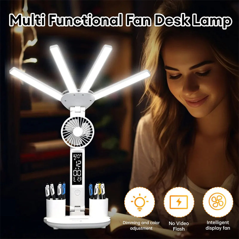 3in1 Multifunction Table Lamp LED Four-headed Folding With Fan Calendar Clock USB Rechargeable Desk Light 3 Color Reading Lamp