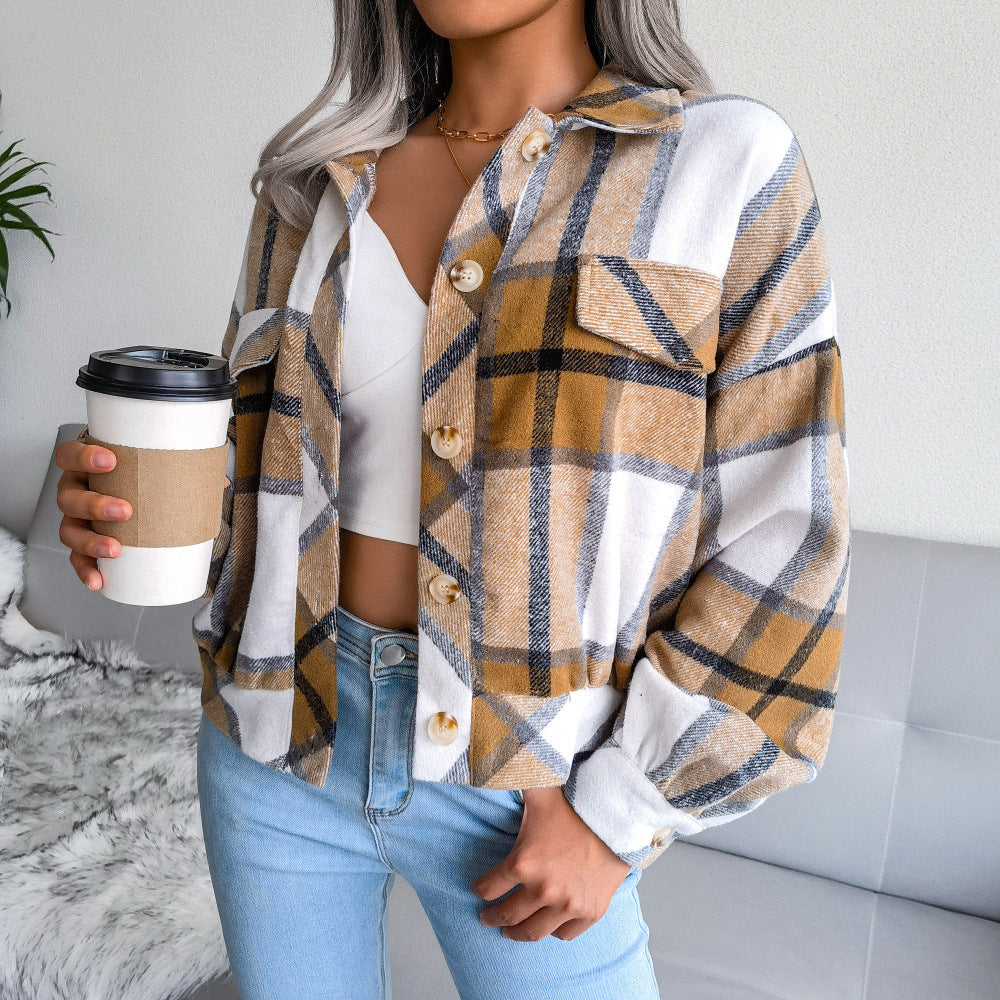 Veste manteau à carreaux à manches longues pour femmes