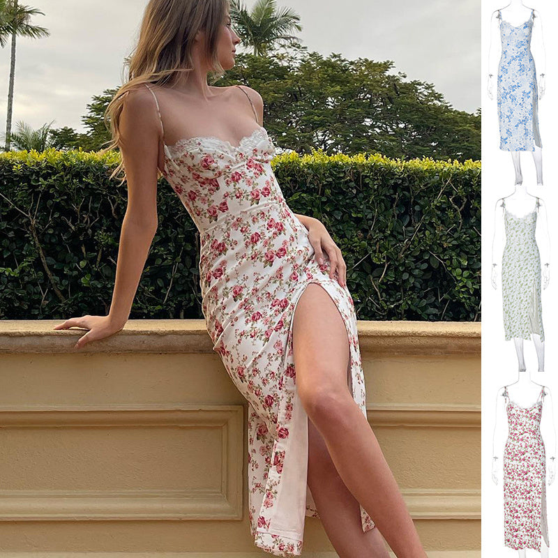 Robe longue en dentelle imprimée de fleurs, Sexy, à la mode, avec bretelles fendues, vêtements d'été pour femmes