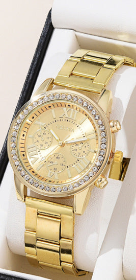 Women's Three-eye Quartz Diamond-embedded Watch