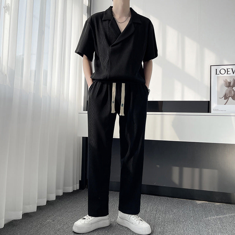 Summer Thin Ice Silk Shirt Outfit Men's Leisure Sports Two-piece Set