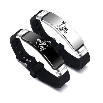 Bracelets de Couple en argent noir, son roi, sa reine, cadeau de saint valentin 