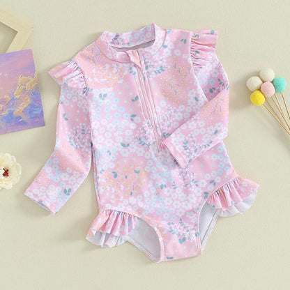 Maillot de bain pour bébé fille de 9 mois à 5 ans, imprimé Floral à volants, manches longues, fermeture éclair, vêtements de plage