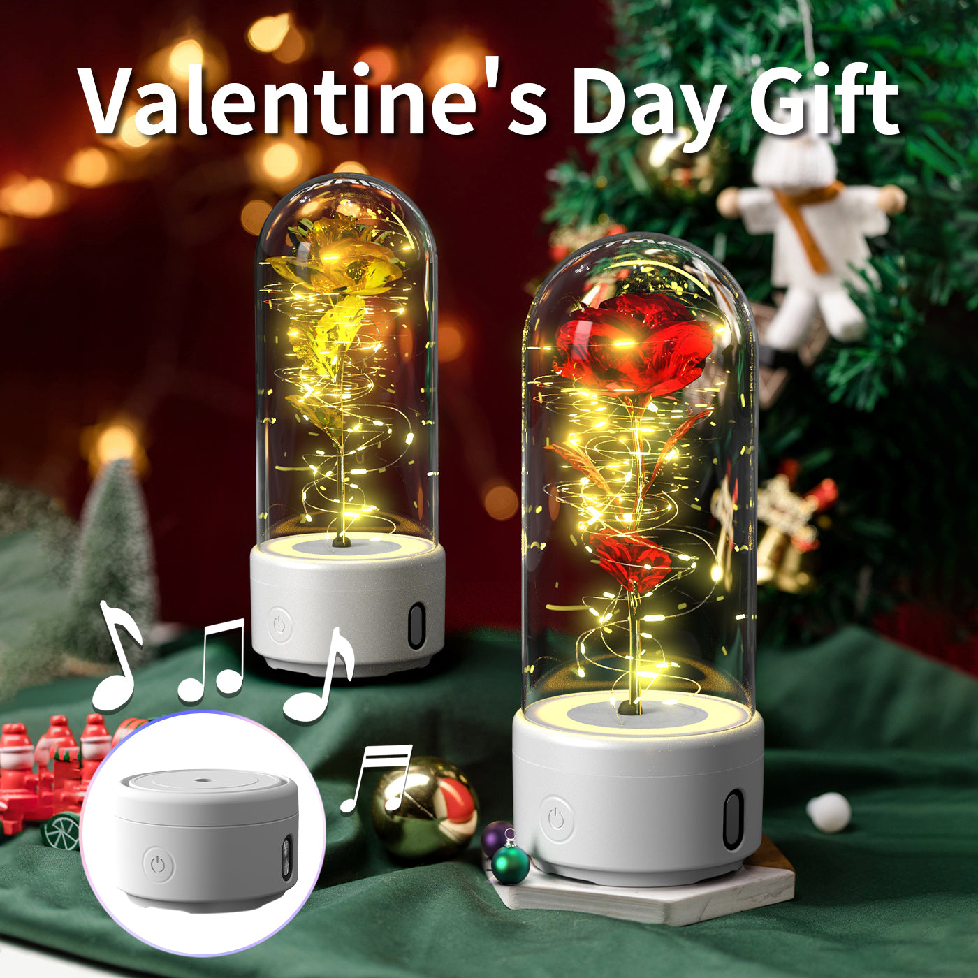 Creative 2 In 1 Rose Flowers LED Light And Bluetooth Speaker Valentine's Day Gift Rose Luminous Night Light Ornament In Glass Cover