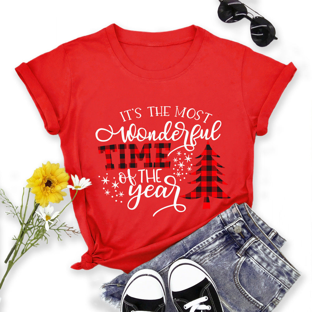 Christmas Print Round Neck Short Sleeve Women's T-shirt