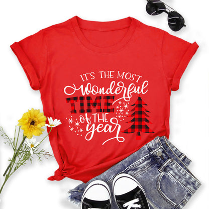 Christmas Print Round Neck Short Sleeve Women's T-shirt