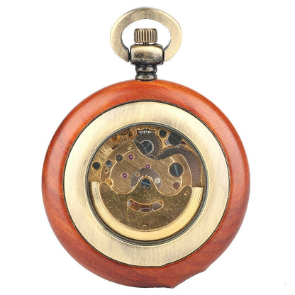 Mahogany Texture Dial Golden Roman Literal Automatic Mechanical Wooden Pocket Watch