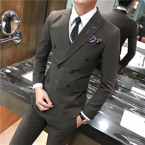 Men's Double Breasted Slim Fit Casual Suit Pants Set