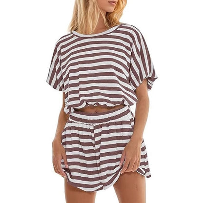 Dam Kortärmad Randig T-shirt Lös Midja Outfit Shorts Casual Kostym
