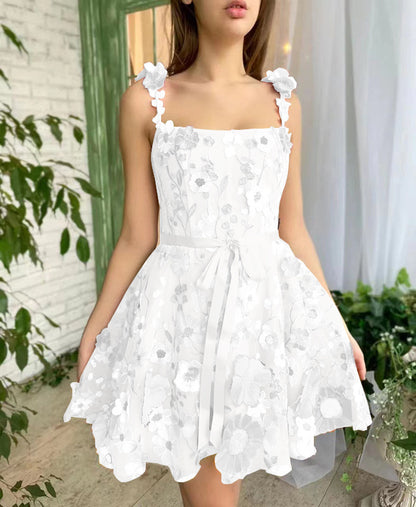 Three-dimensional Flower Embroidery Dress Summer Fashion Sweet A-line Suspender Dresses For Womens Clothing