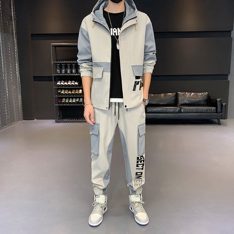 Men's Hooded Casual Jacket Pants Workwear Set