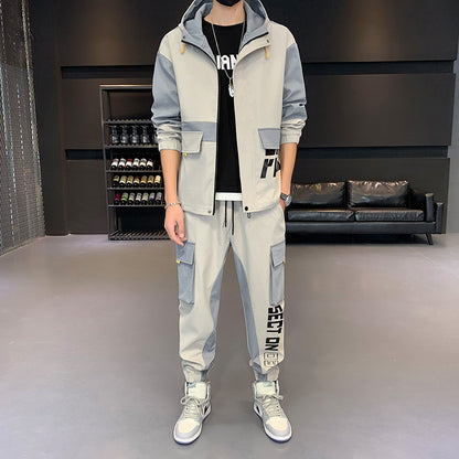 Men's Hooded Casual Jacket Pants Workwear Set