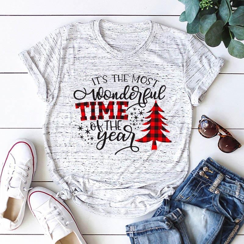 Christmas Print Round Neck Short Sleeve Women's T-shirt