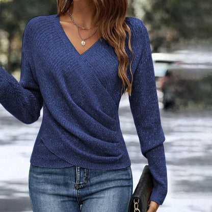 V-neck Long Sleeve Cross Solid Color Knitted Sweater