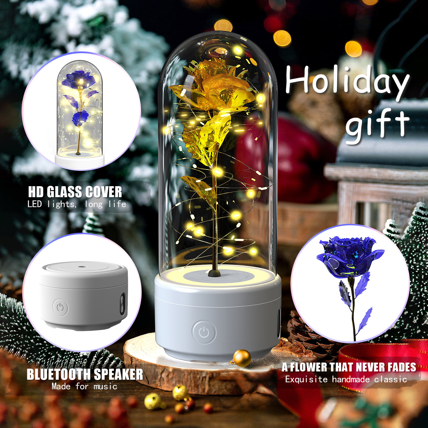 Creative 2 In 1 Rose Flowers LED Light And Bluetooth Speaker Valentine's Day Gift Rose Luminous Night Light Ornament In Glass Cover