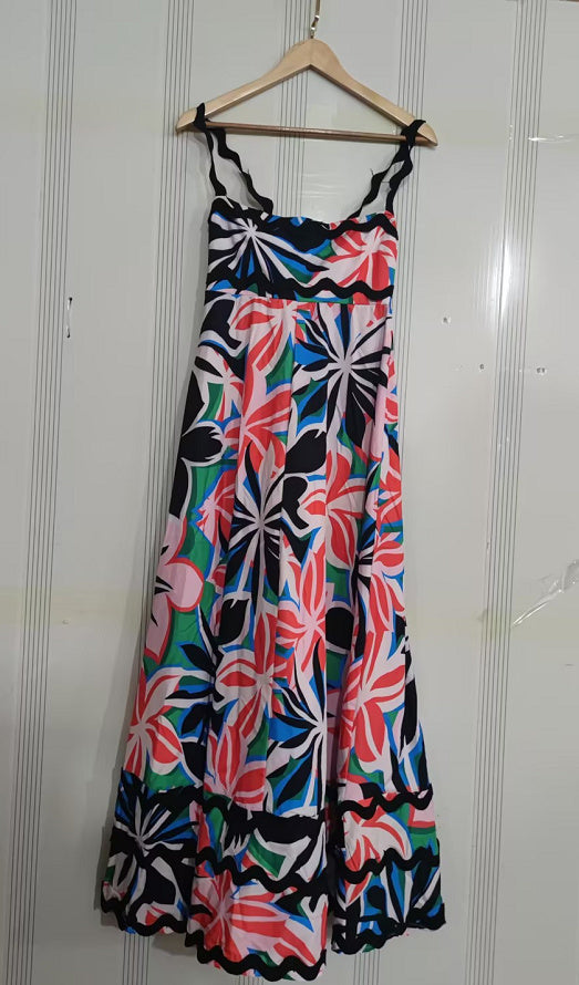 Robe longue à bretelles pour femmes, imprimé de fleurs, motif ondulé, à la mode, ligne a, robes de plage, vêtements pour femmes