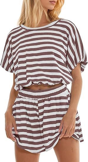 Dam Kortärmad Randig T-shirt Lös Midja Outfit Shorts Casual Kostym