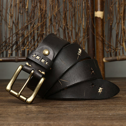 Men's Washed-Out Vintage First Layer Cow Leather Pin Buckle Jeans Belt - Authentic Character