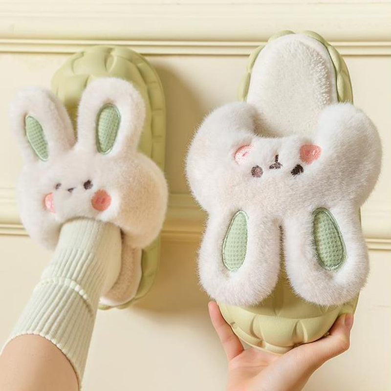 Cute Rabbit Shoes Winter Fuzzy Slippers Women Detachable Washable House Shoes