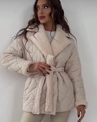 Winter Lapel Plaid Coat Fashion All-Match Waist-Tied Design Coat For Women Outwear Clothing