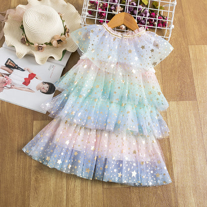 Girls Summer Rainbow Star Net Garn Kids Princess Cake Dress