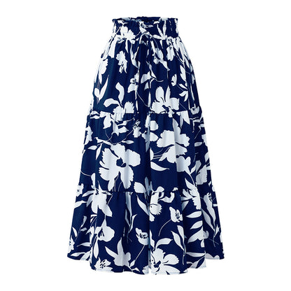 Professional European American Printed A-Line Pleated Skirt - Polyester Floral (5 Colors, S-XL, Commuting Style)