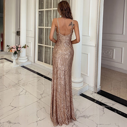 Robe longue à paillettes et bretelles Spaghetti pour femmes, col en V, robe de soirée