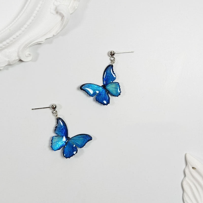 Blue Butterfly Ear Thread S925 Sterling Silver Long Pearl