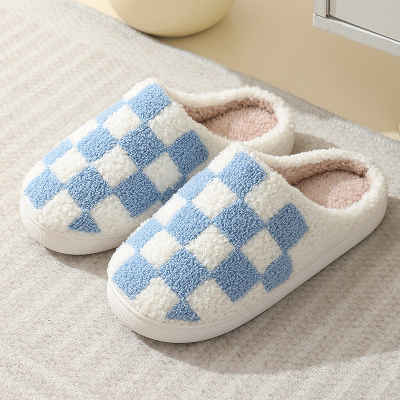 Checkerboard Print Slippers Winter House Shoes Men And Women Couple Home Floor Warm Cotton Slippers