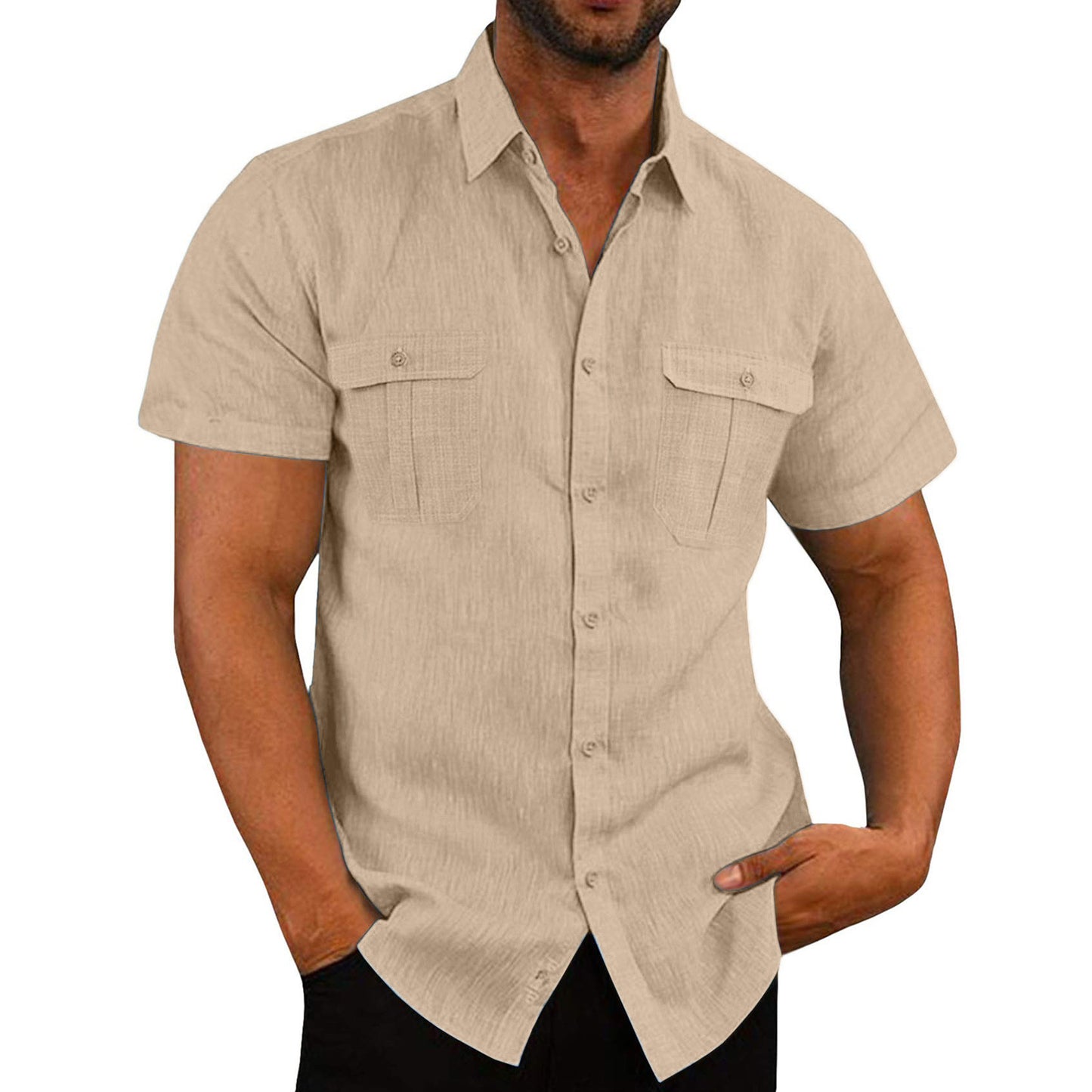 Men's Button Short Sleeve Shirt Summer Casual Double Pocket Wide Collar Beach Shirt Summer