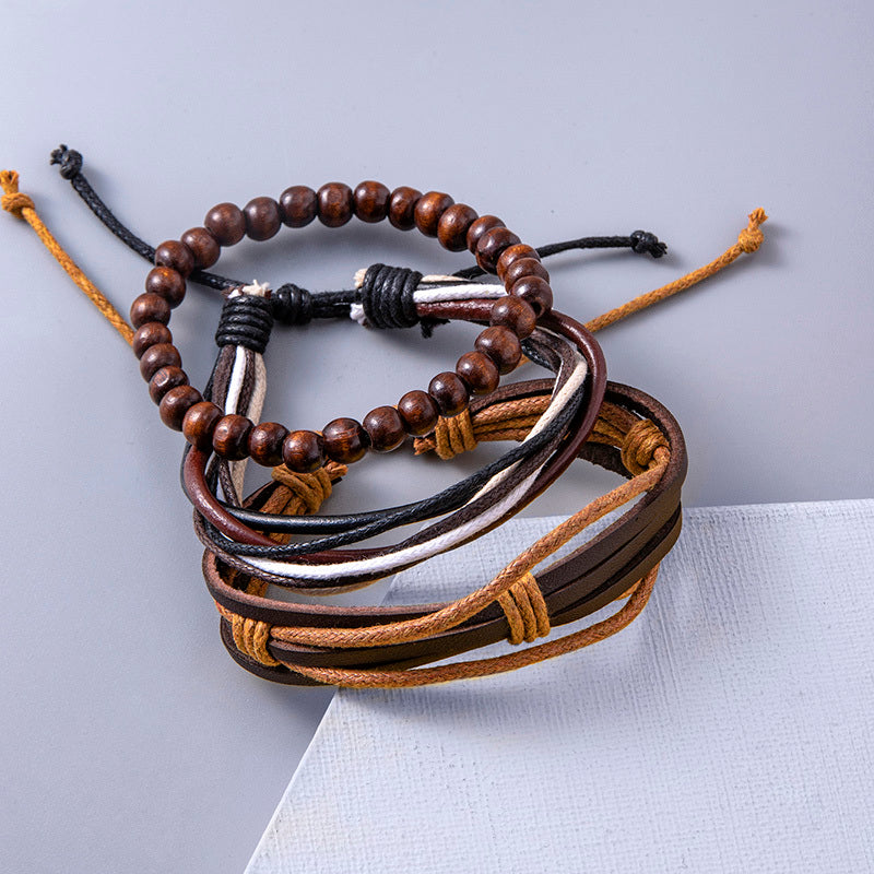 Vintage flerskiktade läder justerbara armband för kvinnor och män träpärlarmband etniska wrap-armband