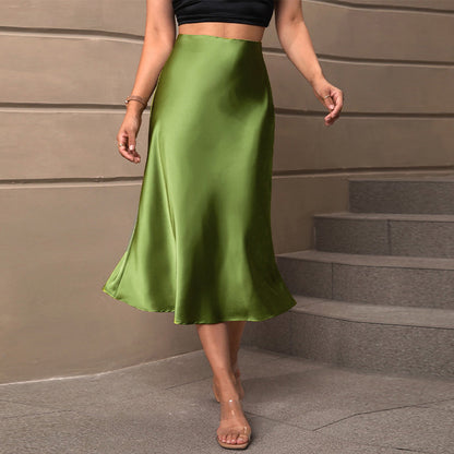 Satin Elegance Style Polyester Midi A- Line Skirt