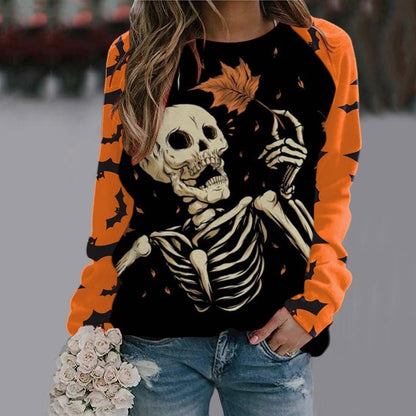 Sweat-shirt imprimé dessin animé d'Halloween, pull à manches longues pour femmes