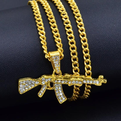 Cool Gothic Gun Shape Pendant Rhinestone Army Style Male Necklace Men Necklaces Jewelry