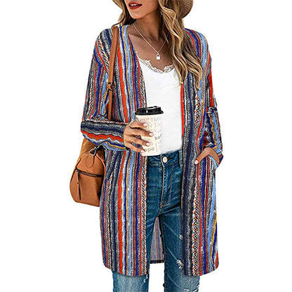 European And American Women's Jackets Striped Print Women's Cardigan Top