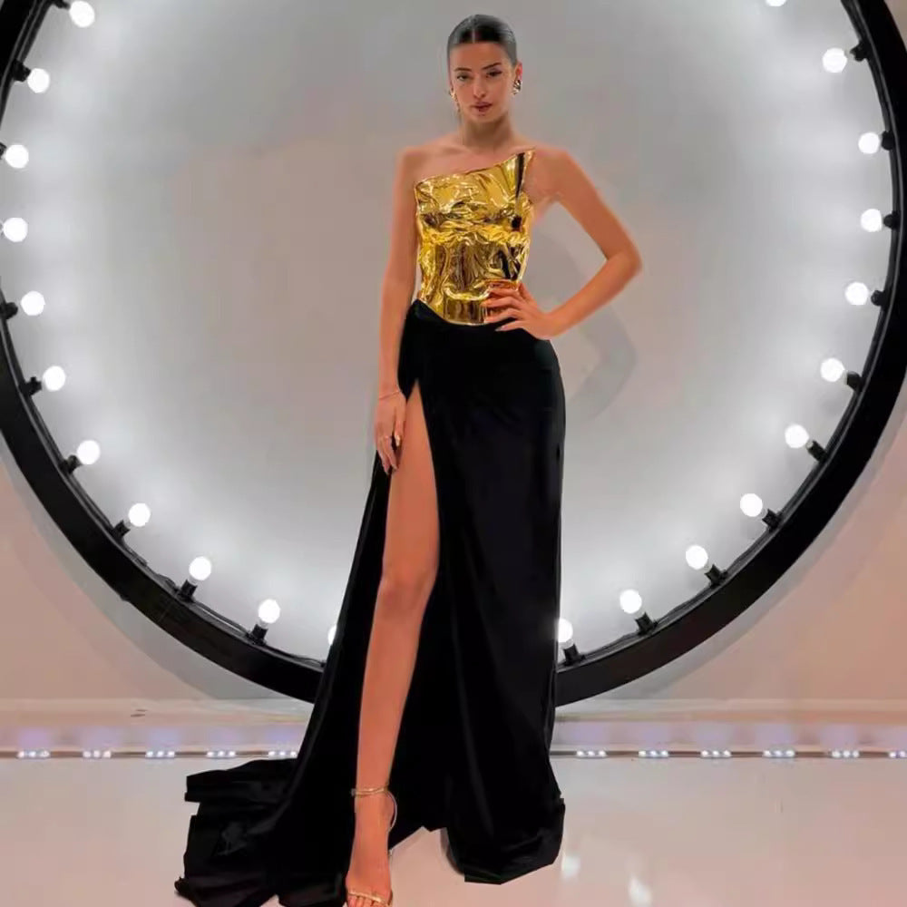 One-Shoulder Satin Black Dress Two-Piece Set - Elegant Backless Design