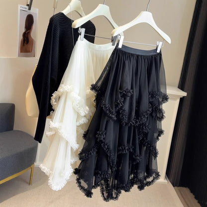 Womens Fashion Irregular Ruffle Trim Mesh Skirt