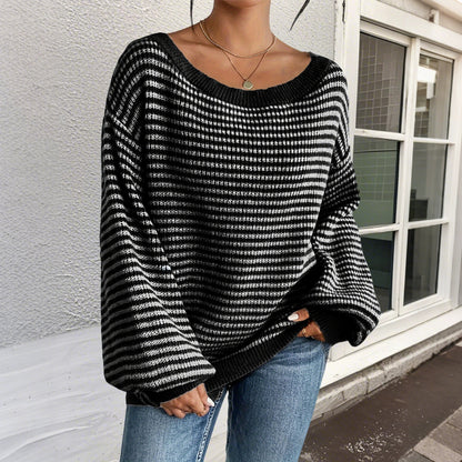 Women's Off-neck Shoulder-baring Sweater Contrast Color