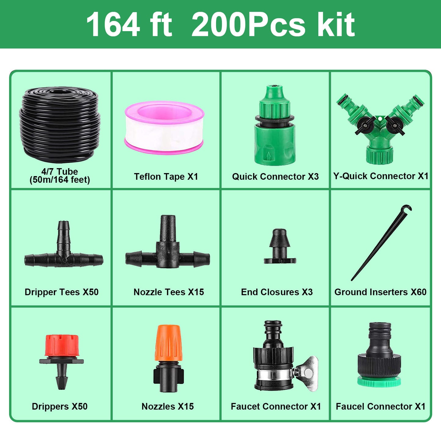 Kit d'irrigation goutte à goutte de jardin, kit de système d'irrigation goutte à goutte automatique pour serre de 164 pieds avec tuyau de distribution vierge, buse de brumisation de patio réglable, émetteurs d'arrosage 