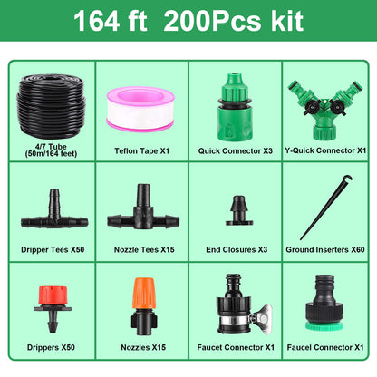 Kit d'irrigation goutte à goutte de jardin, kit de système d'irrigation goutte à goutte automatique pour serre de 164 pieds avec tuyau de distribution vierge, buse de brumisation de patio réglable, émetteurs d'arrosage 