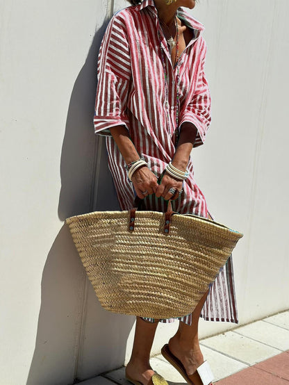 Striped Shirt Dress With Belt Fashion Half-sleeved Lapel Button Cardigan Dresses Women's Clothing