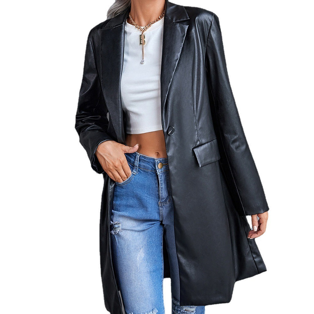 Haut blazer coupe-vent à manches longues en cuir pour femme