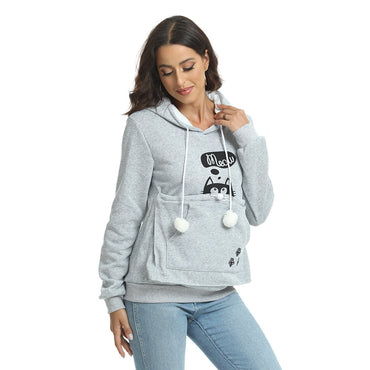 Casual Cat Print Hoodie With Big Pocket For Pets Long Sleeve Sweater Women Hooded Tops Clothes