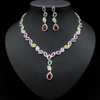 Colorful Zircon Necklace Earrings Clavicle Chain Female Noble Luxury Wedding Dress Three-piece Set