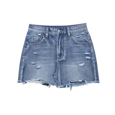 Professional European American Fashion Casual Hole Denim Mini Skirt - Simple Design (High-Quality Denim, Trendy Details)